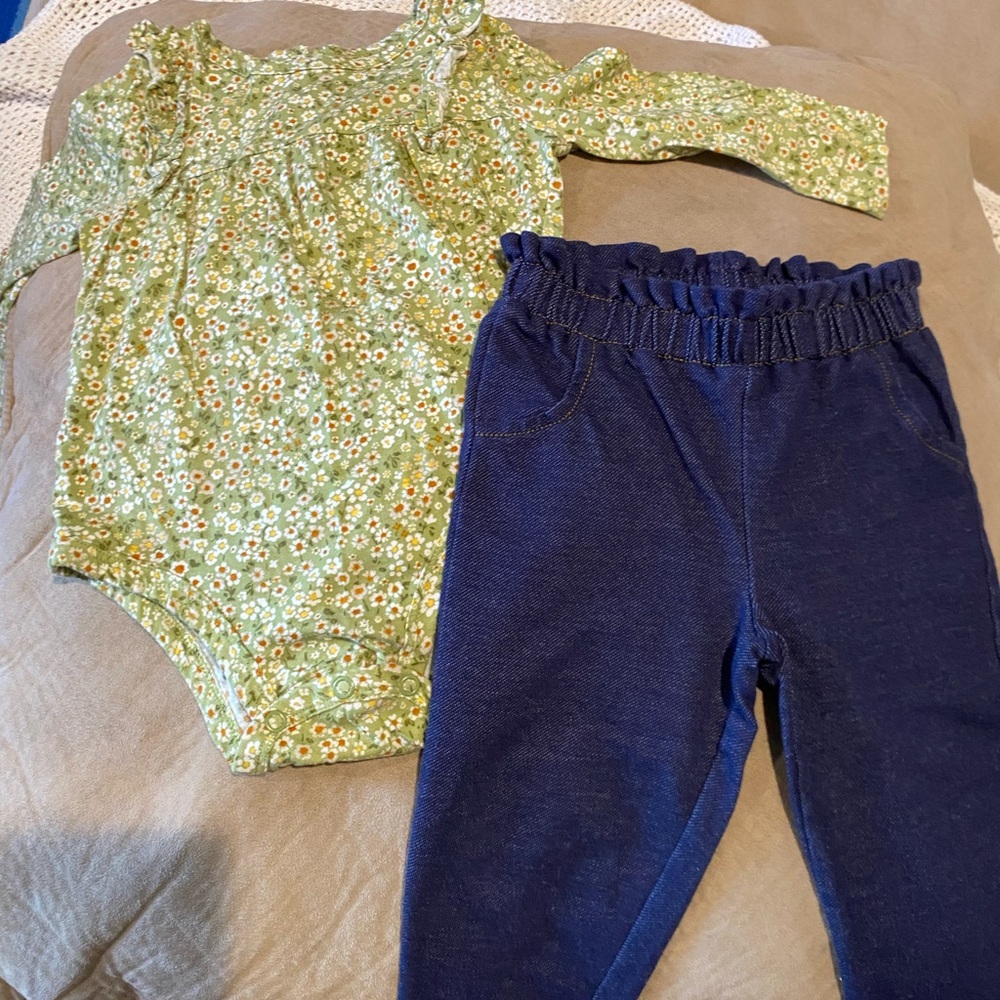 Carter's Green Floral Long-Sleeve Bodysuit with Blue Pants Matching Set